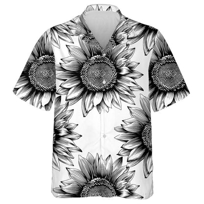 Black Sketch Art Of Sunflowers Blooming Pattern Hawaiian Shirt, Hawaiian Shirt Gift, Christmas Gift