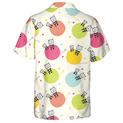 Cats And Balls Of Yarn On White Hawaiian Shirt, Hawaiian For Gift