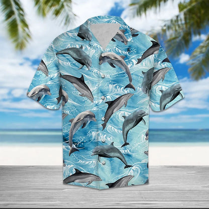 Blue Ocean Dolphins Jumping Background Hawaiian Shirt, Hawaiian For Gift