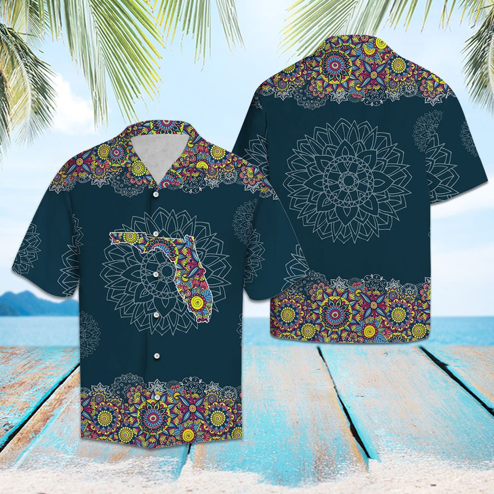 Colorful Map Of Florida Mandala On Deep Blue Themed Hawaiian Shirt, Hawaiian Shirt Gift, Christmas Gift