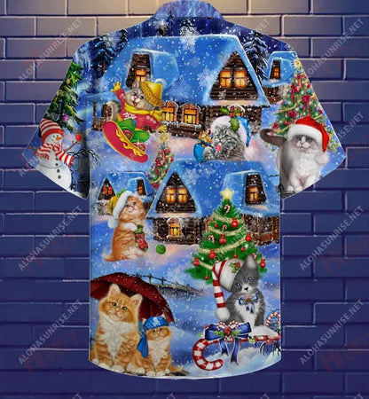 Meow Meow Cats Merry Xmas Short Short Sleeve Shirt Vacation Hawaiian T Shirts Best Hawaiian Shirts Funny Hawaiian Shirts, Hawaiian Shirt Gift, Christmas Gift