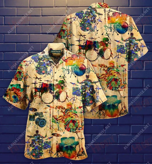 Colorful Vintage Drum Short Sleeve Shirt Vacation Aloha Shirt Custom Hawaiian Shirts Hawaiian Shirts For Women, Hwaiian For Gift