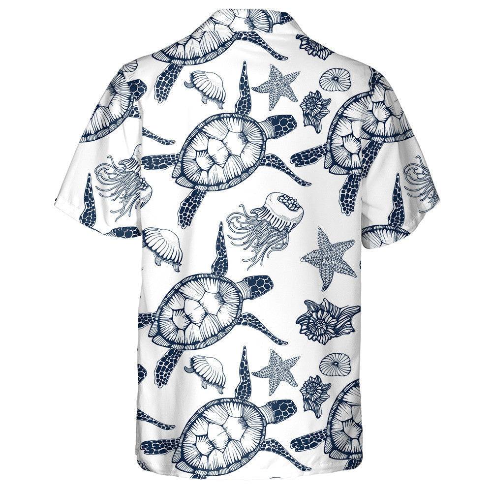 Blue Turtles Jellyfish And Starfish Hand Drawing Hawaiian Shirt, Hawaiian Shirt Gift, Christmas Gift