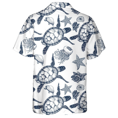 Blue Turtles Jellyfish And Starfish Hand Drawing Hawaiian Shirt, Hawaiian Shirt Gift, Christmas Gift