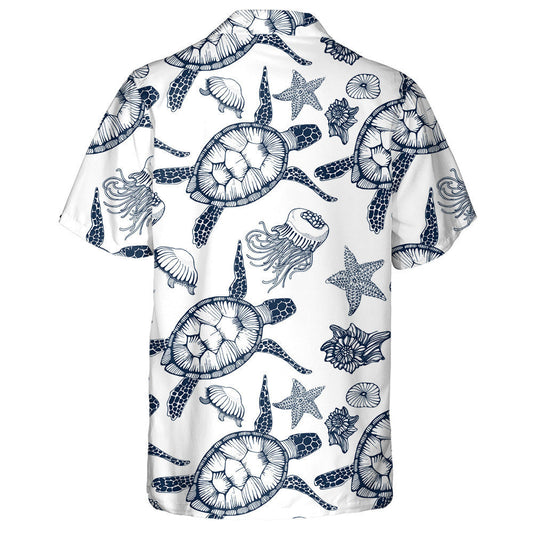 Blue Turtles Jellyfish And Starfish Hand Drawing Hawaiian Shirt, Hawaiian Shirt Gift, Christmas Gift