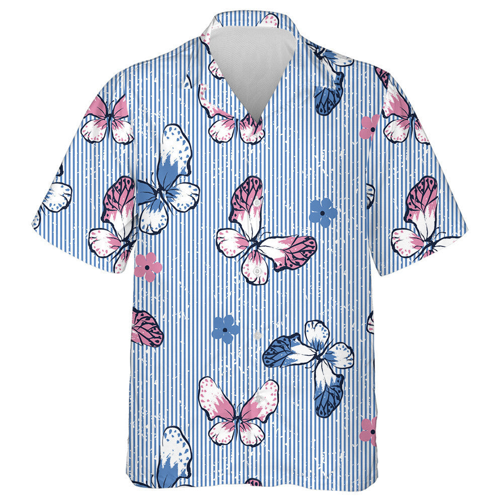 Theme Butterfly And Flowers On Blue Stripes Hawaiian Shirt, Hawaiian Shirt Gift, Christmas Gift