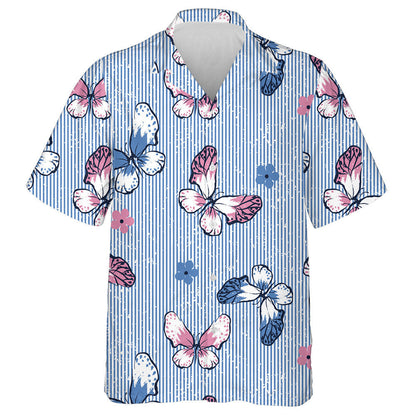 Theme Butterfly And Flowers On Blue Stripes Hawaiian Shirt, Hawaiian Shirt Gift, Christmas Gift
