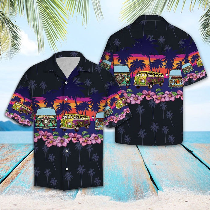 Hippie Bus Border Chest Design Hawaiian Shirt, Hawaiian For Gift