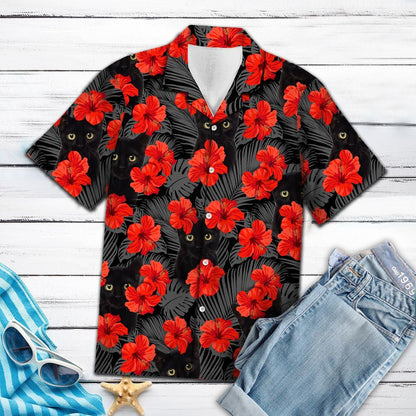 Cat Dubh Peeking Ew Daoine Patrún Hibiscus Dearg Léine Haváís, Bronntanas Léine Haváís, Bronntanas Nollag