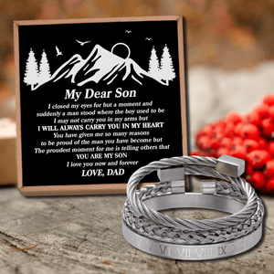 Dad To Son - I Will Always Carry You Roman Numeral Bracelet Set