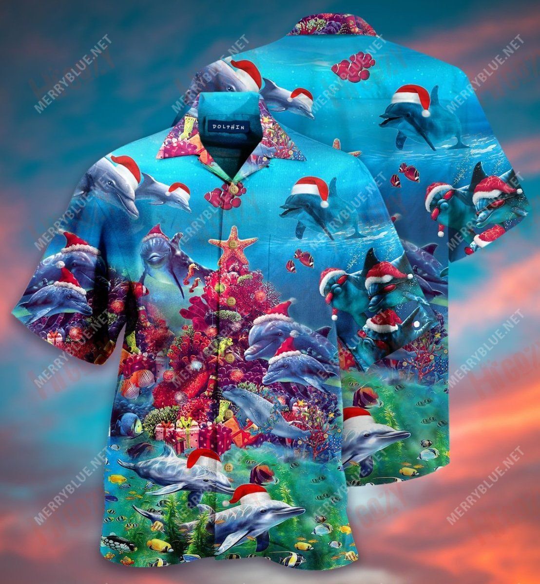 Dolphin Merry Christmas Unisex Short Short Sleeve Shirt Summer Hawaiian T Shirts Vintage Hawaiian Shirts Funny Hawaiian Shirts, Hawaiian Shirt Gift, Christmas Gift