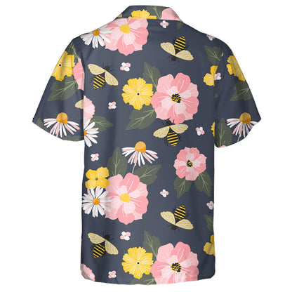 Summer Cartoon Bees With Cottage Garden Flowers Hawaiian Shirt, Hawaiian Shirt Gift, Christmas Gift