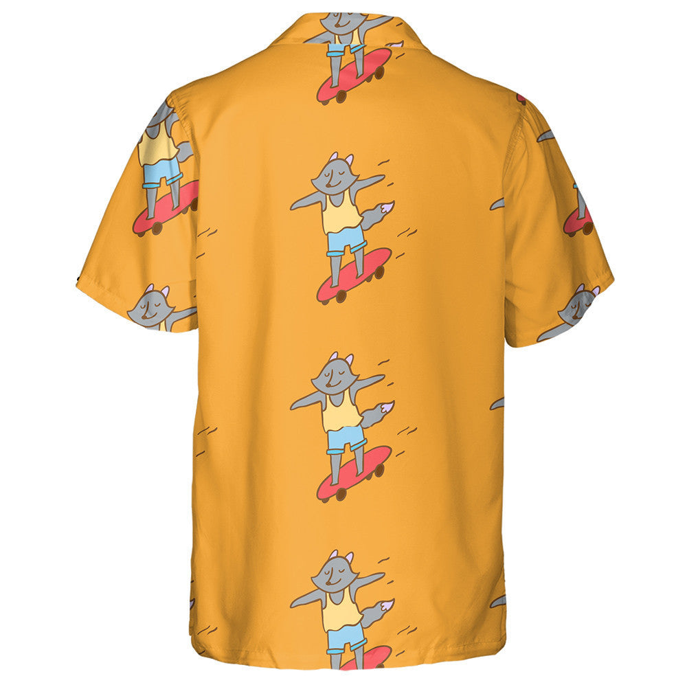 Hipster Wolf Riding Longboard On Orange Hawaiian Shirt, Hawaiian For Gift