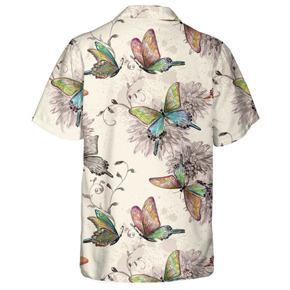 Hand Drawn Vintage Texture Flowers And Butterflies Hawaiian Shirt, Hawaiian Shirt Gift, Christmas Gift