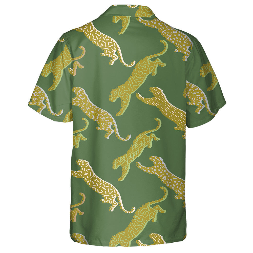 Jumping Leopard Silhouettes Background In Geometric Style Hawaiian Shirt, Hawaiian Shirt Gift, Christmas Gift