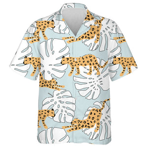 Wild Tropical Leopard Animal And Monstera Palm Leaves Hawaiian Shirt, Hawaiian Shirt Gift, Christmas Gift