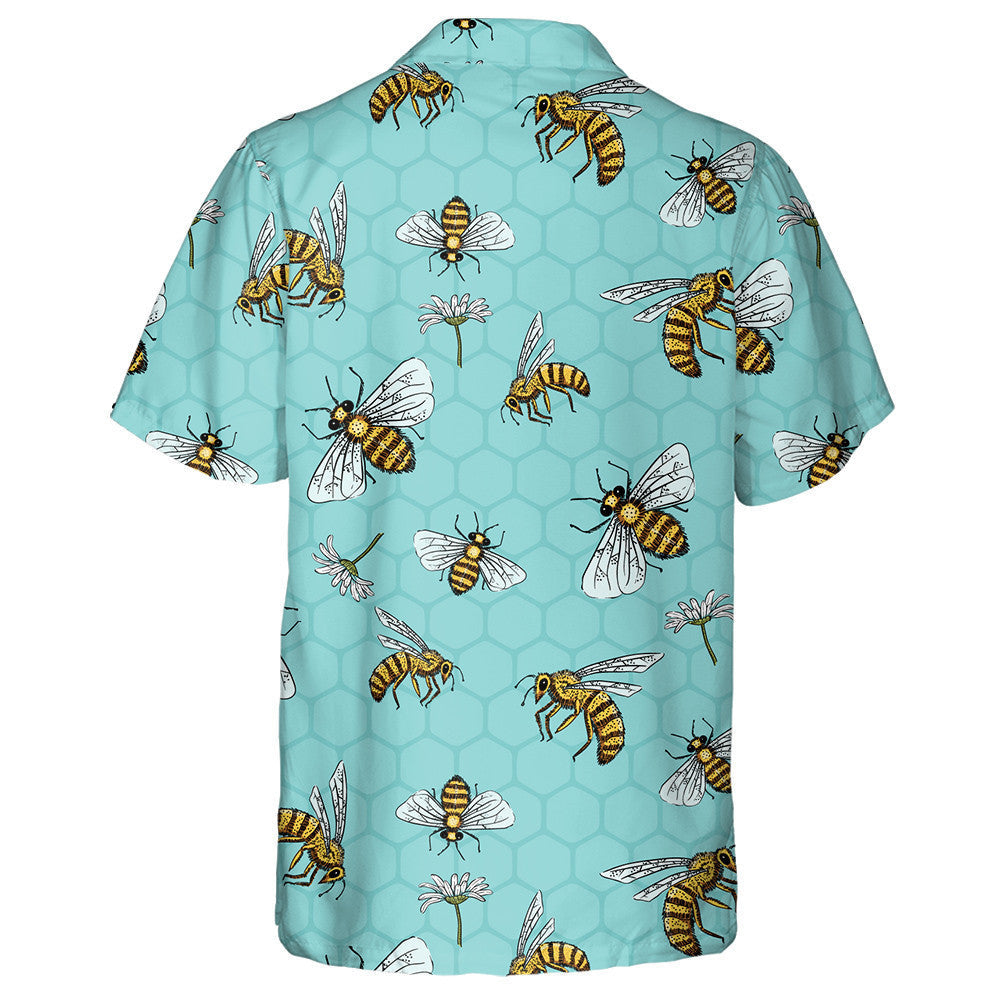 Hand Drawn Bees And Daisies Spring Summer Hawaiian Shirt, Hawaiian Shirt Gift, Christmas Gift