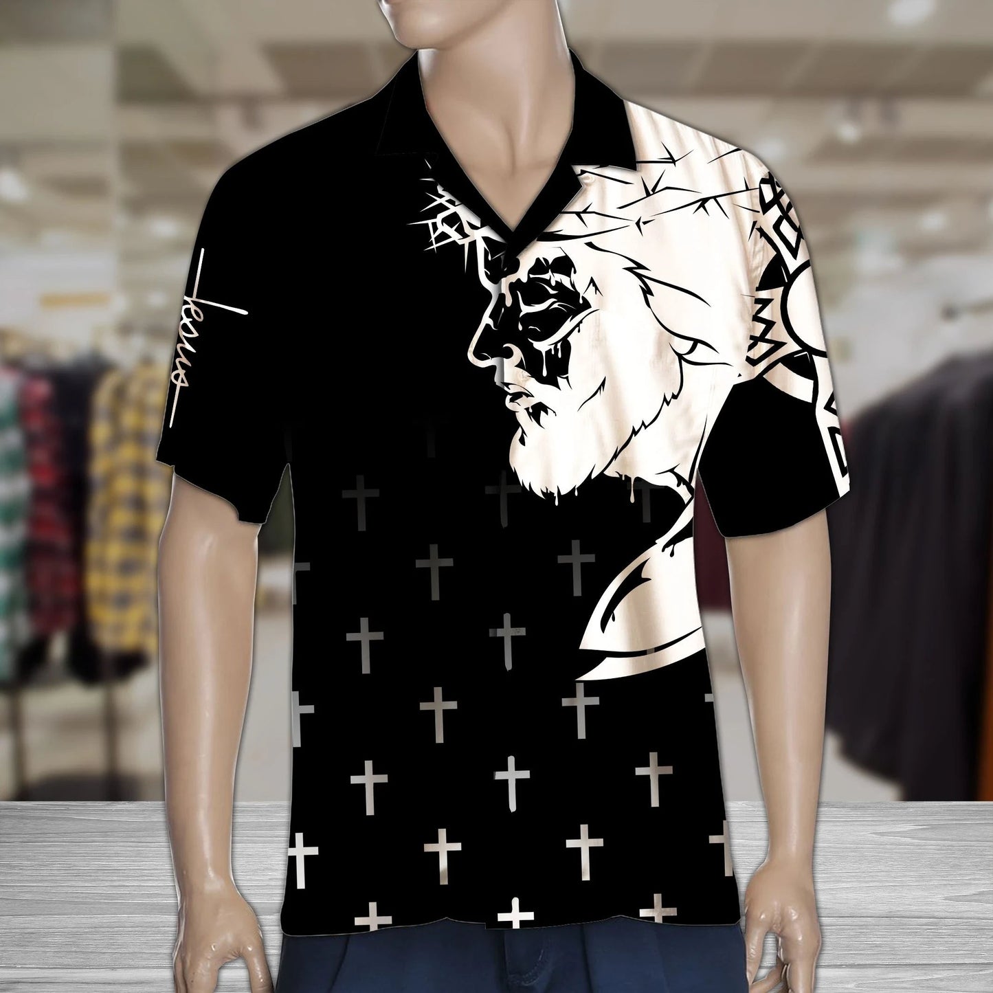 Hawaiian Shirt Black And White Cross Christian, Hawaiian For Gift