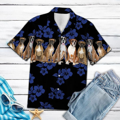Hawaiian Shirt Blue Hibiscus With Boxer Dogs In Black, Hawaiian Shirt Gift, Christmas Gift