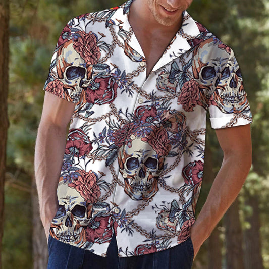 Skull With Roses Chains On White Hawaiian Shirt,Hawaiian Shirt Gift, Christmas Gift