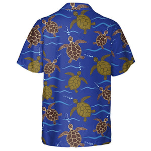 Blue With Sea Turtles In Brown Hawaiian Shirt, Hawaiian For Gift