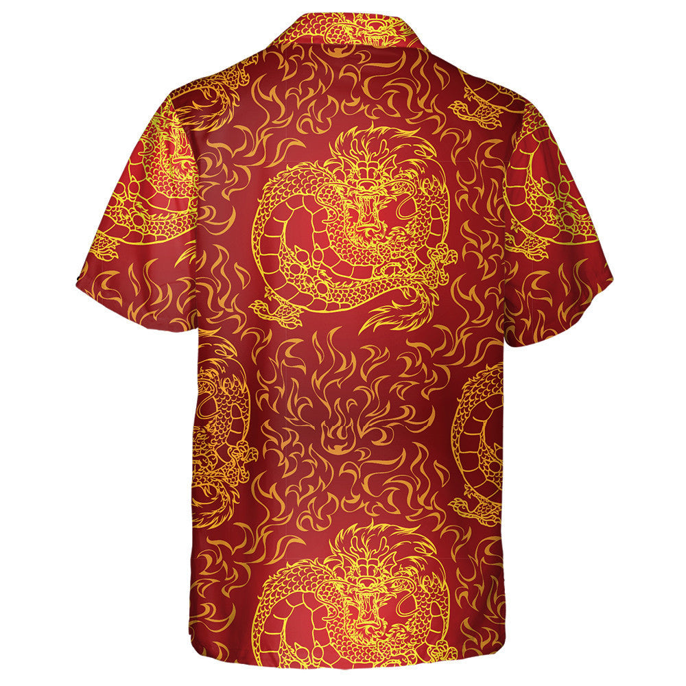 Asian Dragon And Fire On Red Background Hawaiian Shirt, Hawaiian Shirt Gift, Christmas Gift