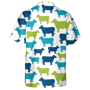 Blue Green And Navy Cow Silhouette Hawaiian Shirt, Hawaiian For Gift