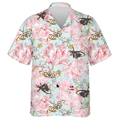 Theme Butterfly With Pink Tulips And Daisies Hawaiian Shirt, Hawaiian Shirt Gift, Christmas Gift