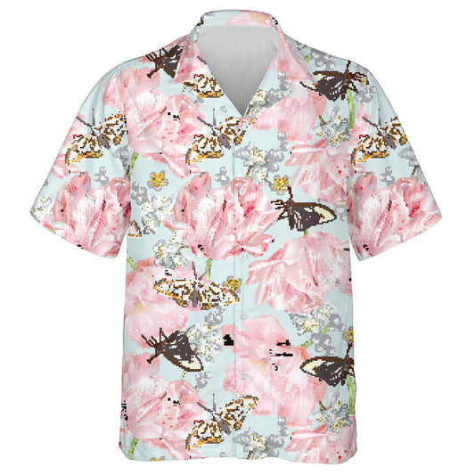 Theme Butterfly With Pink Tulips And Daisies Hawaiian Shirt, Hawaiian Shirt Gift, Christmas Gift