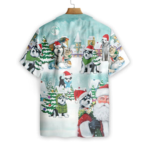 Cute Husky With Green Scarf In Snow Merry Christmas Hawaiian Shirt, Hawaiian Shirt Gift, Christmas Gift