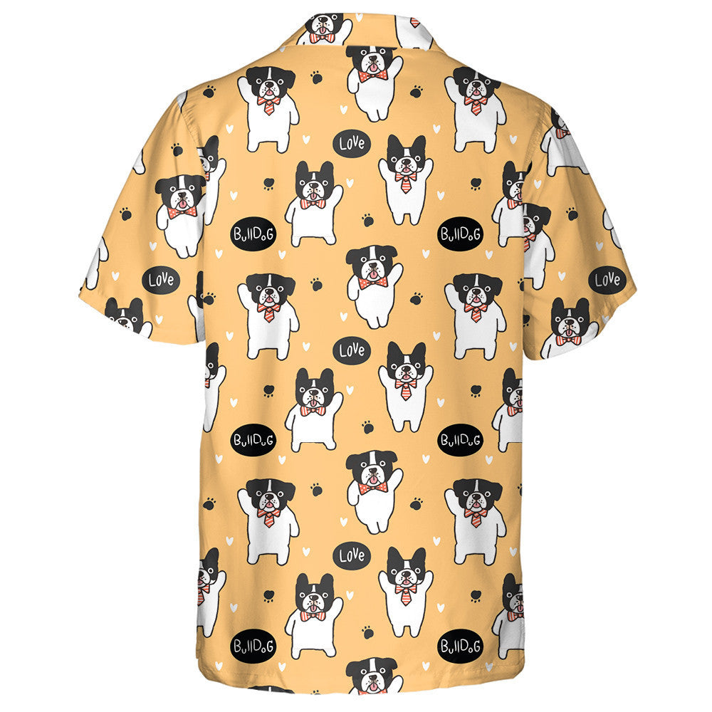 Cartoon Bulldog Yellow With Hearts And Paws Hawaiian Shirt, Hawaiian Shirt Gift, Christmas Gift