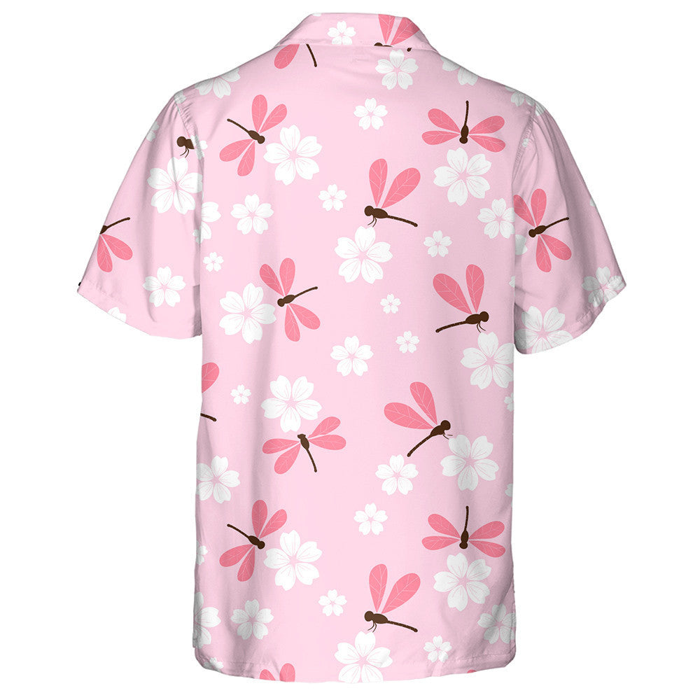 Bright Flying Dragonfly And White Sakura Flower Hawaiian Shirt, Hawaiian Shirt Gift, Christmas Gift