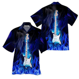 Guitar On Blue Fire Ornamental Hawaiian Shirt,Hawaiian Shirt Gift, Christmas Gift