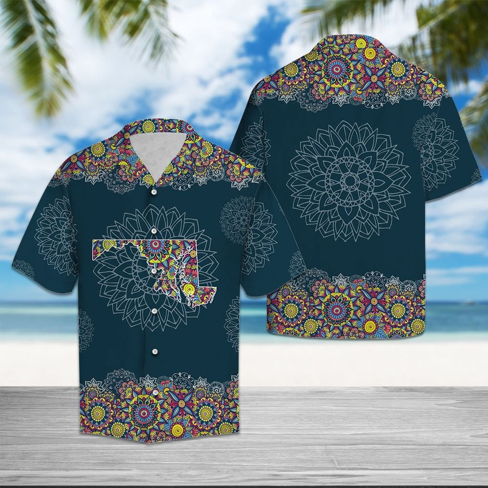 Maryland Map With Mandala Flowers In Teal Hawaiian Shirt, Hawaiian Shirt Gift, Christmas Gift