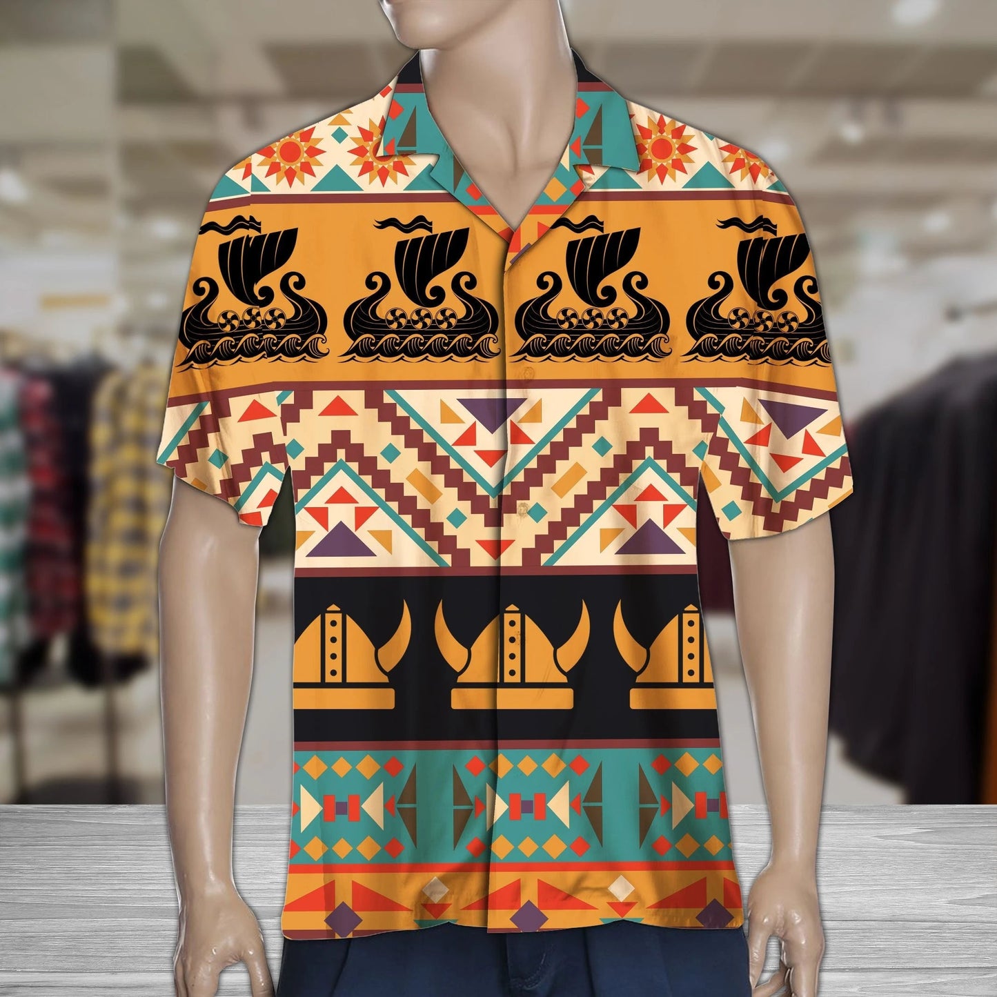 Colored Geometric Viking Art Design Hawaiian Shirt, Hawaiian For Gift