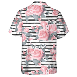 Bouquet Pale Pink Roses Flowers Black Striped Design Hawaiian Shirt, Hawaiian Shirt Gift, Christmas Gift