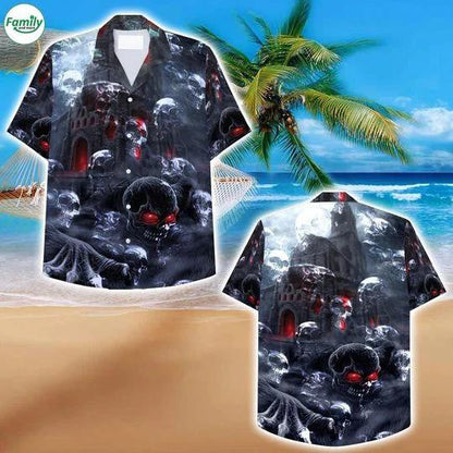 Skull Dark Castle Horror Scene Hawaiian Shirt,Hawaiian Shirt Gift, Christmas Gift