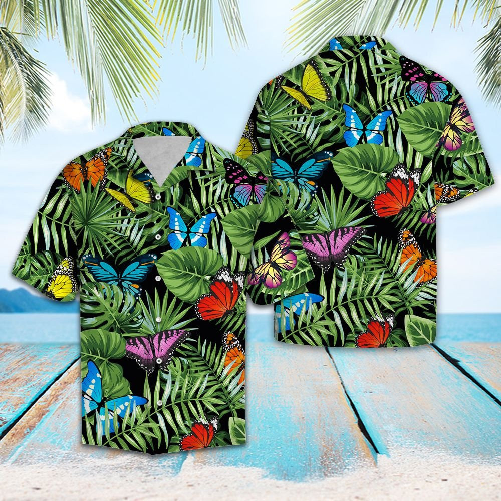 Butterfly And Green Tropical Leaves Design Hawaiian Shirt, Hawaiian For Gift