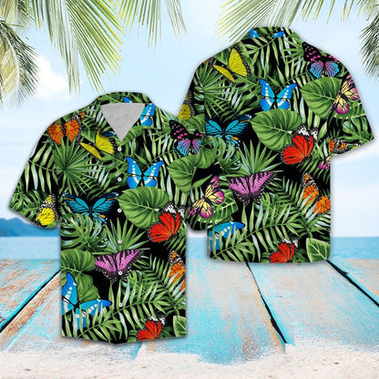 Butterfly And Green Tropical Leaves Design Hawaiian Shirt, Hawaiian For Gift