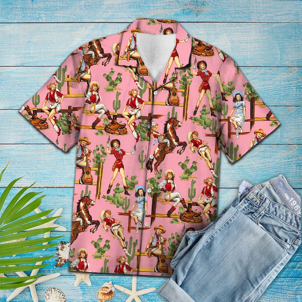 Cowgirl Cool Le Crainn Pailme I nDearadh Bándearg Léine Haváís, Bronntanas Léine Haváís, Bronntanas Nollag