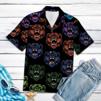 Awesome Bear Roaring Pattern Black Background Hawaiian Shirt,Hawaiian Shirt Gift, Christmas Gift