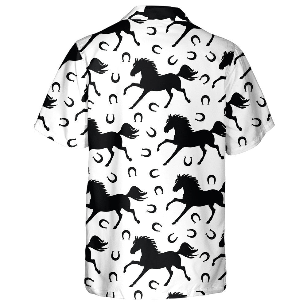 Black Galloping Horses And Horseshoes On White Hawaiian Shirt, Hawaiian Shirt Gift, Christmas Gift