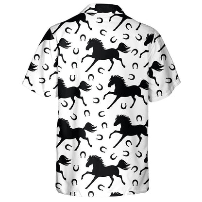 Black Galloping Horses And Horseshoes On White Hawaiian Shirt, Hawaiian Shirt Gift, Christmas Gift