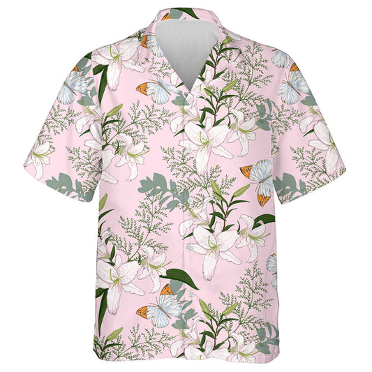 Theme White Lilies And Butterflies On Pink Hawaiian Shirt, Hawaiian Shirt Gift, Christmas Gift