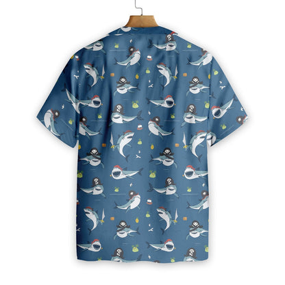 Shark Pirates On Blue Background Design Hawaiian Shirt,Hawaiian Shirt Gift, Christmas Gift