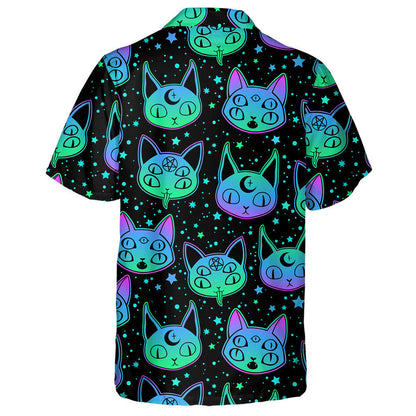 Cute Cartoon Witchcraft Cat Head And Star Hawaiian Shirt, Hawaiian Shirt Gift, Christmas Gift
