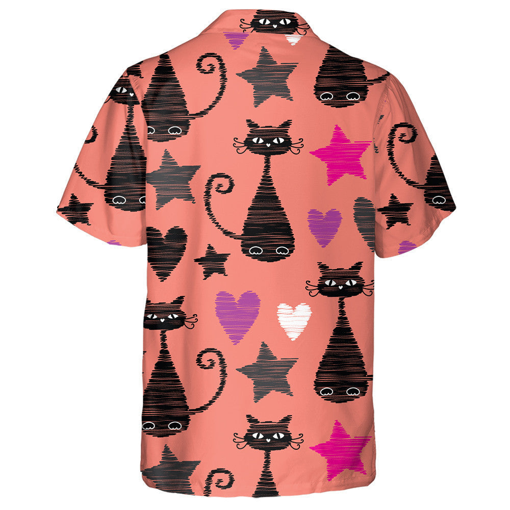 Black Cat With Star And Heart On Orange Hawaiian Shirt, Hawaiian Shirt Gift, Christmas Gift