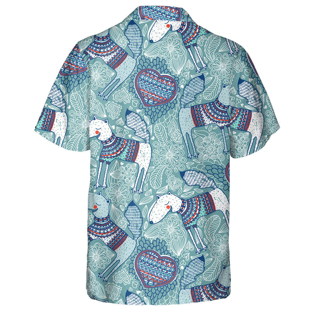 Smiling Dogs And Knitted Hearts On Blue Hawaiian Shirt, Hawaiian Shirt Gift, Christmas Gift