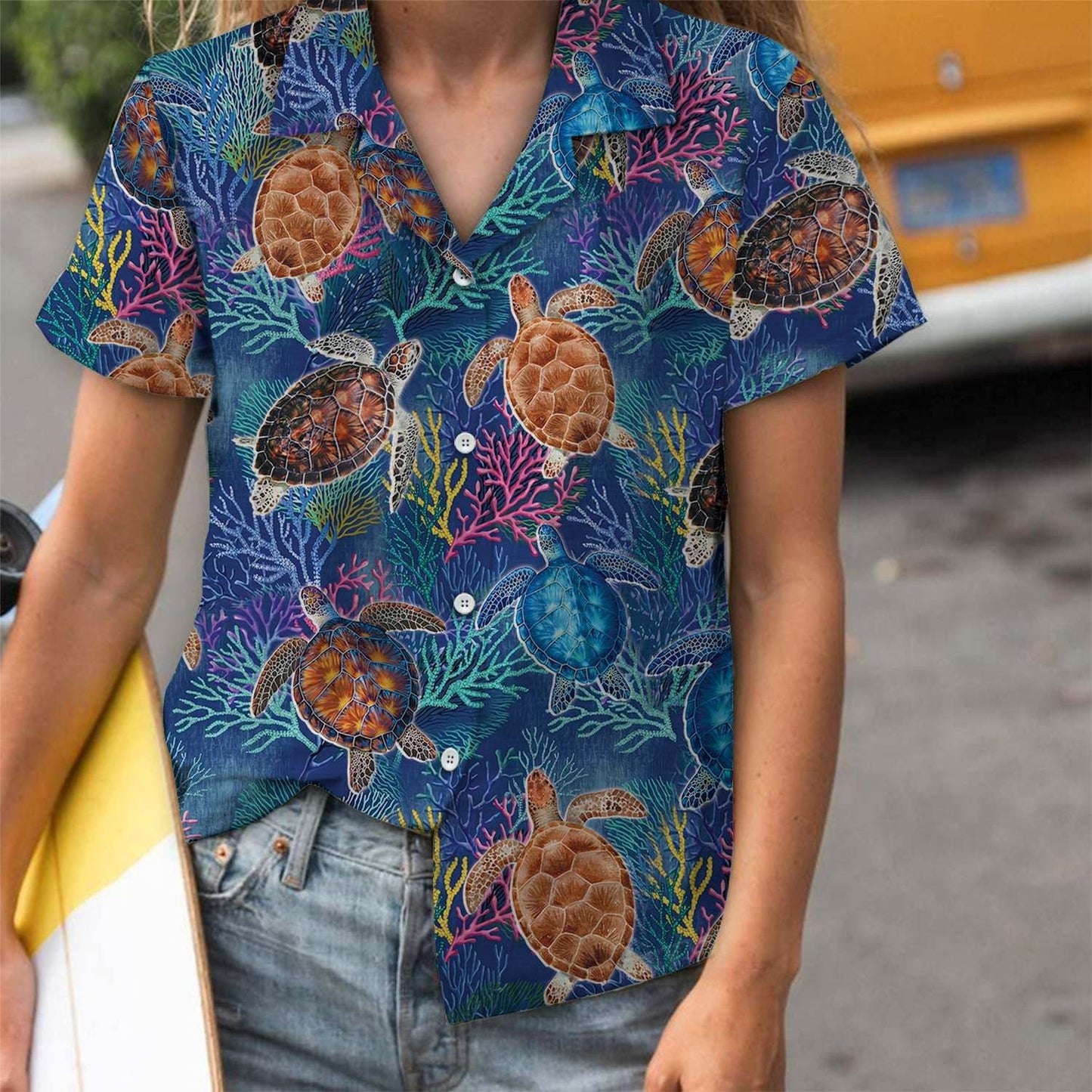 Multicolor Sea Turtle On Coral Background Pattern Hawaiian Shirt, Hawaiian Shirt Gift, Christmas Gift