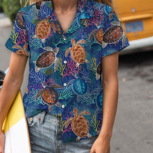 Multicolor Sea Turtle On Coral Background Pattern Hawaiian Shirt, Hawaiian Shirt Gift, Christmas Gift